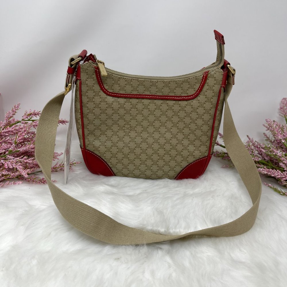 140 Pre Owned Auth Celine Macadam Shoulder Bag Red Beige Leather Bag CEOO/12